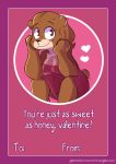  &lt;3 2018 4_fingers anthro bear breasts brown_fur cleavage clothed clothing cropped_top digital_media_(artwork) dot_eyes dress english_text female fur gabbah holidays looking_at_viewer mammal petunia_(gabbah) pose simple_background sitting smile solo text valentine&#039;s_day 