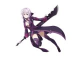  black_gloves breasts cleavage fingerless_gloves full_body gloves hair_between_eyes holding holding_sword holding_weapon large_breasts looking_at_viewer mole mole_on_breast official_art pink_hair purple_legwear red_eyes short_hair_with_long_locks sidelocks simple_background smile solo strea sword sword_art_online sword_art_online:_code_register thighhighs weapon white_background 