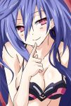  blue_hair earrings eyebrows_visible_through_hair finger_to_mouth iris_heart iwasi-r jewelry kami_jigen_game_neptune_v long_hair looking_at_viewer neptune_(series) power_symbol red_eyes smile solo symbol-shaped_pupils upper_body 