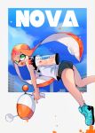  :d absurdres aqua_footwear ass bare_arms bare_shoulders black_shorts blue_sky day domino_mask fang from_side green_eyes highres holding holding_weapon ink_tank_(splatoon) inkling iriehana long_hair looking_at_viewer looking_to_the_side luna_blaster_(splatoon) mask no_socks open_mouth orange_hair outside_border shirt shoes short_shorts shorts sidelocks sky sleeveless smile sneakers solo splatoon_(series) splatoon_2 tank_top tentacle_hair trigger_discipline two-handed v-shaped_eyebrows very_long_hair weapon white_shirt 