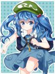  backpack bag blue_eyes blue_hair blue_shirt blue_skirt green_hat hair_bobbles hair_ornament hat highres holding_wrench kawashiro_nitori key long_hair looking_at_viewer outline pocket puffy_short_sleeves puffy_sleeves ruu_(tksymkw) shirt short_sleeves skirt skirt_set smile solo thighs touhou two_side_up white_outline wrench 