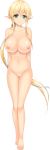  absurdres an'youshi_makoto arms_behind_back barefoot blonde_hair breasts collarbone eyebrows_visible_through_hair full_body green_eyes hair_ribbon highres large_breasts long_hair looking_at_viewer muutsuki navel nipples no_pussy non-web_source nude official_art pointy_ears ponytail ribbon shiny shiny_skin sidelocks smile solo transparent_background unjou_no_fairy_tale 