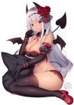  :d bangs black_bra black_gloves black_legwear black_pillow black_wings bra breasts cleavage dark_skin demon_girl demon_horns demon_tail demon_wings detached_collar elbow_gloves eyebrows_visible_through_hair flower from_side gloves hair_between_eyes hair_flower hair_ornament hand_to_own_mouth heterochromia horns large_breasts long_hair looking_at_viewer matatabi_maru open_mouth original pillow pillow_grab pink_footwear signature silver_hair simple_background sitting smile succubus tail thighhighs thighs underwear very_long_hair wariza white_background wings 