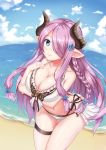  aiban arched_back arm_under_breasts bangs beach bikini blue_eyes braid breast_hold breasts cleavage cloud cloudy_sky collarbone cowboy_shot day demon_horns draph frilled granblue_fantasy hair_ornament hair_over_one_eye hairclip highres horns large_breasts leaning_forward long_hair looking_at_viewer narmaya_(granblue_fantasy) navel parted_bangs pointy_ears purple_hair sand single_braid sky solo standing swimsuit thigh_gap thigh_strap water white_bikini 