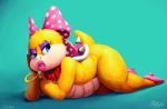  anthro big_lips blue_eyes bow bracelet clothing eyeshadow female footwear high_heels jewelry koopa koopaling lips looking_at_viewer lying makeup mario_bros mataknight necklace nintendo pink_lips reptile scales scalie shell shoes simple_background solo teal_background turtle video_games wendy_o_koopa yellow_scales yellow_skin 