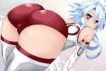  ass bare_shoulders blue_hair elbow_gloves from_behind gloves iwasi-r kami_jigen_game_neptune_v leotard looking_back neptune_(series) open_mouth power_symbol red_eyes short_hair short_hair_with_long_locks solo symbol-shaped_pupils white_heart 