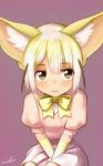  animal_ears artist_name bangs between_legs big_eyes blonde_hair blush bow brown_eyes closed_mouth commentary_request eyebrows_visible_through_hair fennec_(kemono_friends) fox_ears gloves hair_between_eyes hand_between_legs highres kemono_friends looking_at_viewer pink_shirt purple_background shirt short_hair short_sleeves signature skirt solo welt_(kinsei_koutenkyoku) yellow_bow 