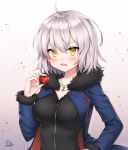  ahoge artist_name blush breasts fate/grand_order fate_(series) fleur_de_lis gradient gradient_background heart jeanne_d'arc_(alter)_(fate) jeanne_d'arc_(fate)_(all) jewelry looking_at_viewer medium_breasts necklace open_mouth pong_(vndn124) short_hair silver_hair solo upper_body wicked_dragon_witch_ver._shinjuku_1999 yellow_eyes 