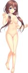  absurdres barefoot blue_eyes blush breasts brown_hair collarbone eyebrows_visible_through_hair flower forearm_at_chest full_body hair_flower hair_ornament highres long_hair medium_breasts muutsuki natsu_(unjou_no_fairy_tale) navel nipples no_pussy non-web_source nude official_art open_mouth solo transparent_background twintails unjou_no_fairy_tale 