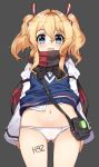  ass_visible_through_thighs bangs blonde_hair blue_eyes blush cameltoe commentary cowboy_shot eyebrows_visible_through_hair glowworm_(zhan_jian_shao_nyu) grey_background hair_between_eyes hair_ribbon kuro_(kuronell) long_sleeves looking_at_viewer navel no_pants open_mouth panties red_ribbon ribbon scarf shirt shirt_lift sidelocks simple_background solo striped striped_ribbon striped_scarf sweater_vest twintails underwear white_panties white_shirt zhan_jian_shao_nyu 