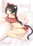  :d animal_ears aqua_eyes ass bangs barefoot black_hair blunt_bangs blush breasts cat_ears cat_tail commentary_request eyebrows_visible_through_hair feet frilled_panties frills indoors kuu-chan_(sakurai_makoto_(custom_size)) long_hair looking_at_viewer looking_back nyan open_mouth original panties paw_print plaid plaid_panties revision sakurai_makoto_(custom_size) sitting small_breasts smile soles solo speech_bubble tail twintails underwear 