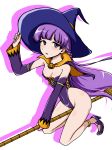  blush bracelet breasts cape cleavage commentary_request covered_navel covered_nipples detached_sleeves fire_emblem fire_emblem:_fuuin_no_tsurugi fire_emblem_heroes groin halloween hat high_heels highres jewelry leotard long_hair memetsu_(umvn4442) open_mouth purple_eyes purple_hair revealing_clothes smile sofiya solo very_long_hair witch_hat 