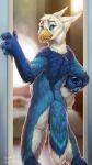  anthro avian beak blue_eyes blue_fur butt_pose detailed_background digital_media_(artwork) fuckie fur fursuit gryphon kariosus male solo standing white_fur yellow_beak 