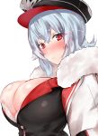  azur_lane benten_(ioj3446) blush breasts buttons cleavage fur_trim graf_zeppelin_(azur_lane) hat highres large_breasts long_hair looking_at_viewer parted_lips peaked_cap red_eyes silver_hair simple_background solo white_background 