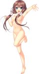  absurdres arm_up barefoot blue_eyes breasts brown_hair clenched_hand eyebrows_visible_through_hair flower forearm_at_chest full_body hair_flower hair_ornament hair_over_shoulder heel_raised highres leg_up long_hair looking_at_viewer medium_breasts muutsuki natsu_(unjou_no_fairy_tale) navel nipples no_pussy non-web_source nude official_art open_mouth solo transparent_background twintails unjou_no_fairy_tale 
