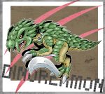  character_name claws digimon dinorexmon dinosaur dinosaur_tail fangs highres no_humans open_mouth red_eyes solo tail zeta_(kyokugen) 