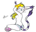  2018 anthro black_nose blue_eyes blush breasts claws clothed clothing digimon ear_tuft feline female fur gatomon gloves long_tail looking_at_viewer mammal mostly_nude panties pawpads pose solo topless tuft underwear uragan whiskers white_fur 