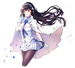  black_hair blue_neckwear breasts cape chizu_(cheese) cleavage flower girls_frontline gloves hair_flower hair_ornament hairband highres large_breasts long_hair looking_at_viewer pantyhose qbz-95_(girls_frontline) skirt smile solo standing very_long_hair white_cape white_gloves white_skirt yellow_eyes 
