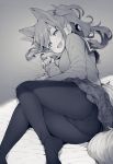  :d animal_ears ass black_legwear blush dog_ears dog_tail eyebrows_visible_through_hair fang greyscale hair_bobbles hair_ornament highres inuyama_aoi jp06 kemonomimi_mode long_hair long_sleeves looking_at_viewer lying monochrome no_shoes on_side open_mouth panties panties_under_pantyhose pantyhose plaid plaid_skirt sailor_collar school_uniform side_ponytail skirt smile solo tail thick_eyebrows underwear yurucamp 