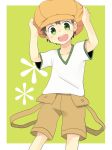  :d brown_hair cabbie_hat cowboy_shot digimon digimon_frontier green_eyes hat himi_tomoki male_focus nikame open_mouth shorts smile solo teeth 