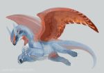  dragon endivinity flying full_body gen_3_pokemon grey_background looking_at_viewer no_humans pokemon pokemon_(creature) realistic red_eyes red_wings salamence scales simple_background solo tail watermark web_address wings 