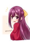  1girl :d bangs blush eyebrows_visible_through_hair from_side hair_ribbon half_updo hoshino_kagari kamikaze_(kantai_collection) kantai_collection long_hair looking_at_viewer looking_to_the_side motion_lines open_mouth purple_eyes purple_hair ribbon shiny shiny_hair smile solo straight_hair tareme twitter_username two-tone_background upper_body yellow_ribbon 