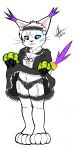  2018 anthro big_ears black_nose blue_eyes breasts camel_toe claws cleavage clothed clothing collar colored digimon ear_tuft feline female flashing fur gatomon gloves long_tail maid_uniform mammal navel panties solo tail_ring tuft underwear uniform uragan whiskers white_fur 