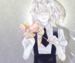  androgynous bad_id bad_pixiv_id colored_eyelashes diamond_(houseki_no_kuni) elbow_gloves flower gem_uniform_(houseki_no_kuni) gloves houseki_no_kuni kiyomiya_shiki necktie short_hair smile solo suspenders white_eyes white_hair 