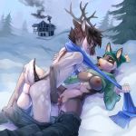 2018 anthro breasts canine cervine clothed clothing deer demicoeur duo erection female fur hair male mammal nipples outside penis pussy snow 
