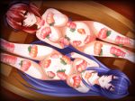  2girls areolae arms_behind_back bangs blue_hair blush breasts censored empty_eyes food gluteal_fold highres large_breasts legs long_hair looking_at_viewer lying maken-ki! mosaic_censoring mound_of_venus multiple_girls navel nightmare_express nijou_aki nipples nude nyotaimori parted_lips pink_eyes ponytail pregnant pussy red_hair restrained rokujou_minori tears thigh_gap thighs yellow_eyes 
