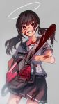  :d bangs black_hair black_sailor_collar black_skirt blood blood_on_face bloody_clothes bloody_weapon blurry bright_pupils chainsaw cowboy_shot danjou_sora depth_of_field ear_piercing eyebrows_visible_through_hair grey_background grin halo highres holding long_hair looking_at_viewer low_twintails open_mouth original piercing pink_eyes pleated_skirt sailor_collar school_uniform serafuku shirt short_sleeves simple_background skirt smile solo standing teeth twintails two-handed weapon white_shirt 