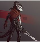  2018 anthro black_hair blue_eyes digital_media_(artwork) dragon female hair holding_object holding_weapon lolzguy melee_weapon solo standing sword weapon white_bars 