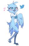  &lt;3 2019 anthro avian beak bird blue_beak blue_eyes blue_feathers blush bottomless breasts clothed clothing feathers female fluffysmolcloud looking_at_viewer meme non-mammal_breasts shirt smile solo tongue tongue_out tweetfur twitter wings 