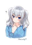  ? alternate_costume bangs blue_eyes blue_sweater camouflage headgear hoshino_kagari kantai_collection kashima_(kantai_collection) long_hair long_sleeves looking_at_viewer no_hat no_headwear pointing shiny shiny_hair silver_hair simple_background smile solo sweater tsurime twintails twitter_username upper_body wavy_hair white_background 