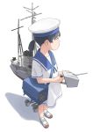  black_hair blue_sailor_collar brown_eyes commentary_request dress full_body hat hiburi_(kantai_collection) highres kantai_collection low_ponytail machinery mast sailor_collar sailor_dress sailor_hat shoes short_hair simple_background smokestack solo taruya uwabaki white_background white_hat 