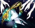  androgynous blue_eyes blue_hair colored_eyelashes different_reflection gem_uniform_(houseki_no_kuni) golden_arms green_eyes green_hair highres houseki_no_kuni lapis_lazuli_(houseki_no_kuni) looking_at_viewer lying necktie on_back out_of_frame phosphophyllite reflection setuna727cat short_hair smile solo_focus spoilers tsuki_jin 