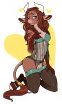  anthro blush bovine cattle clothed clothing female horn kneeling legwear looking_at_viewer mammal ryunwoofie skimpy solo thigh_highs wide_hips 
