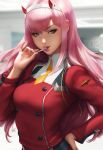 breasts candy darling_in_the_franxx food green_eyes hairband hand_on_hip highres horns lollipop long_hair long_sleeves medium_breasts military military_uniform pink_hair solo stanley_lau uniform upper_body zero_two_(darling_in_the_franxx) 