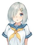  blue_eyes blue_sailor_collar blush breasts fumikiri hair_ornament hair_over_one_eye hairclip hamakaze_(kantai_collection) kantai_collection large_breasts looking_at_viewer neckerchief open_mouth sailor_collar school_uniform serafuku short_hair short_sleeves silver_hair simple_background solo upper_body white_background yellow_neckwear 