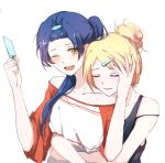  ayase_eli bangs blonde_hair blue_hair blush closed_eyes commentary_request couple eyebrows_visible_through_hair food gemi_25 highres hug hug_from_behind long_hair looking_at_viewer love_live! love_live!_school_idol_project multiple_girls one_eye_closed open_mouth popsicle smile sonoda_umi upper_body yellow_eyes yuri 