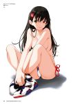  2018 air_jordan armpit_crease artist_name bangs bikini black_hair brown_eyes collarbone convenient_arm convenient_censoring crossed_ankles crossed_legs full_body hair_ornament hairpin hands_together highres knees_up long_hair looking_at_viewer original own_hands_together panties parted_lips red_ribbon ribbon saitou_masatsugu scan shiny shiny_hair shoes side-tie_bikini side-tie_panties sitting sneakers solo swimsuit topless underwear v_arms white_panties 