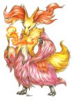  claws closed_mouth creature delphox endivinity fire gen_6_pokemon holding_stick legs_apart looking_at_viewer no_humans pokemon pokemon_(creature) realistic red_eyes signature simple_background solo standing traditional_media white_background 