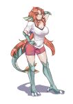  1girl bow breasts cleavage dragon_girl granberia headfin large_breasts mon-musu_quest! monster_girl red_hair shorts solo sportswear tail yellow_eyes 