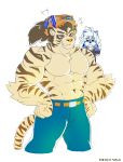  2018 abs anthro belt biceps canine clothed clothing digital_media_(artwork) feline fur hair hi_res male mammal middle_finger muscular muscular_male pants pecs simple_background stripes tiger topless white_tiger wolf wolfmalro 