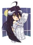 ainz_ooal_gown albedo black_hair black_wings blush breasts dakimakura_(object) demon_girl demon_horns demon_wings dress drooling gloves hair_between_eyes horns large_breasts long_hair open_mouth overlord_(maruyama) pillow pillow_hug saliva solo user_xgpy8228 white_dress white_gloves wings yellow_eyes 