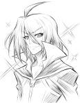  ahoge akatsuki_akira akune_kouki eyebrows_visible_through_hair greyscale hair_between_eyes light_smile long_hair looking_at_viewer male_focus medaka_box monochrome official_art school_uniform sketch sparkle 