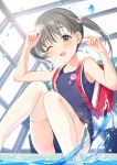  :d backpack bag bangs bare_arms bare_shoulders blue_swimsuit blurry blurry_foreground blush commentary_request depth_of_field eyebrows_visible_through_hair feet_out_of_frame fingernails grey_eyes grey_hair hair_bobbles hair_ornament hands_up highres looking_at_viewer one-piece_swimsuit one_eye_closed open_mouth original pool randoseru rei_no_pool school_swimsuit sitting smile solo swimsuit thighhighs tsukana_(saba_mizore) twintails wading water white_legwear 