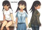  :3 azumanga_daiou black_eyes black_hair blue_shirt blue_skirt buruma closed_eyes cowboy_shot denim facing_viewer from_behind german_flag green_jacket gym_uniform hotaryuso jacket jeans long_hair looking_at_viewer looking_back multiple_views open_mouth pants pleated_skirt red_buruma sailor_collar sailor_shirt school_uniform serafuku shirt simple_background sitting skirt smile takino_tomo white_background white_sailor_collar 