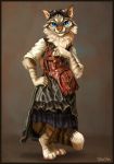  anthro bag blue_eyes cat chest_tuft clothed clothing digitigrade dress eyewear fangs feline female fluffy fluffy_tail fur goggles goggles_on_forehead grey_fur hand_on_hip mammal portrait skiaskai skirt solo standing steampunk striped_fur stripes tuft whiskers 