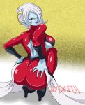  10s 1girl ass blue_skin breasts dicasty dragon_ball dragon_ball_xenoverse earrings female high_heels huge_ass jewelry large_breasts lips lipstick long_hair make_up pointy_ears purple_eyes purple_lipstick sideboob towa_(dragon_ball) white_hair 